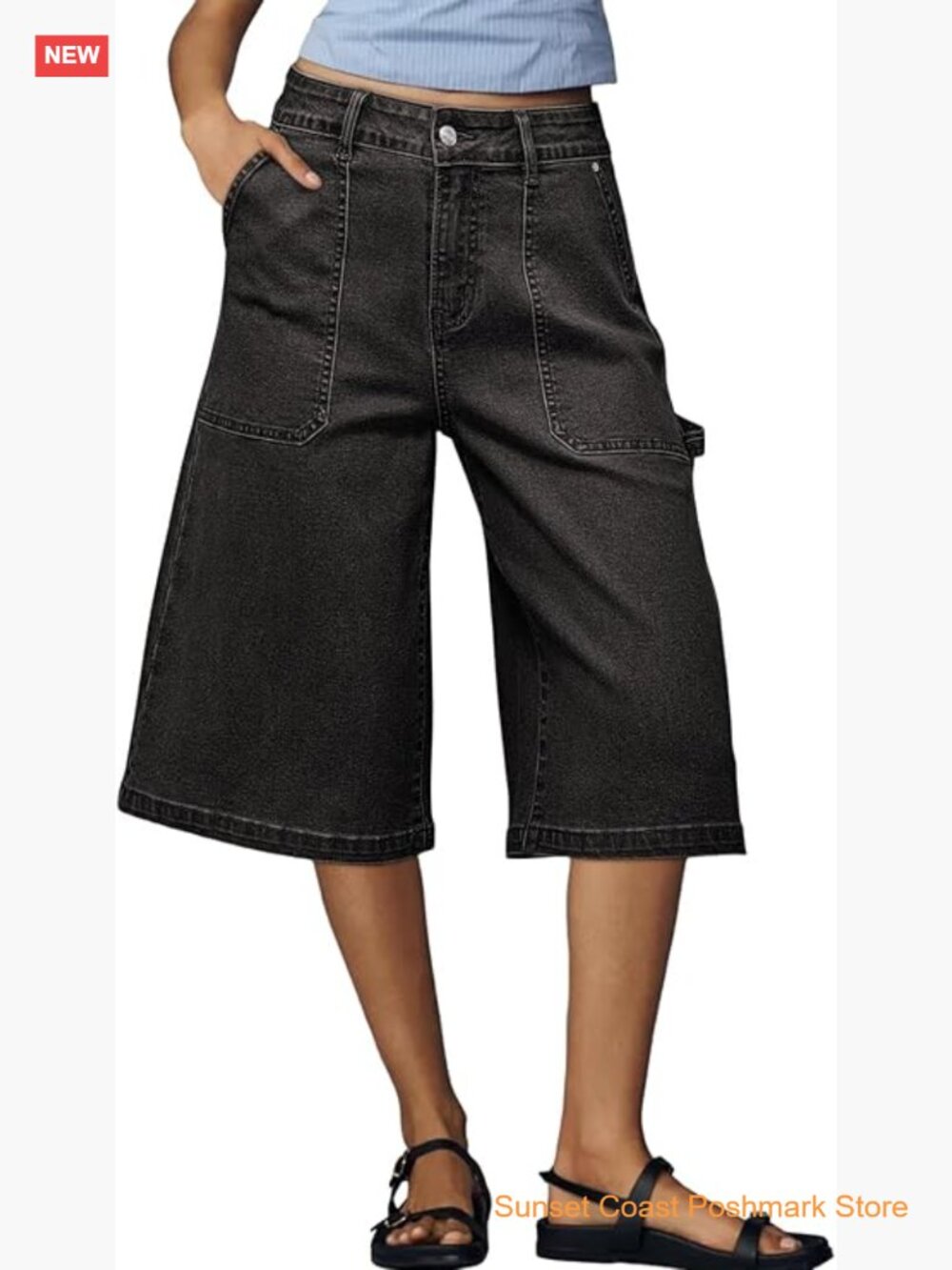 Wide Leg Carpenter Denim Shorts Black Below Knee Cargo Pockets Chic Summer